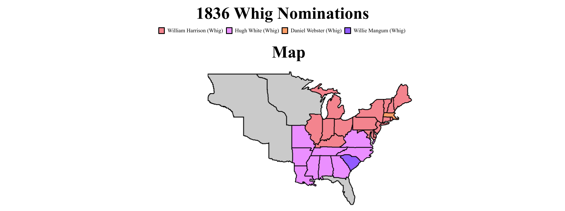 A map showing which Whig candidate was nominated by each state